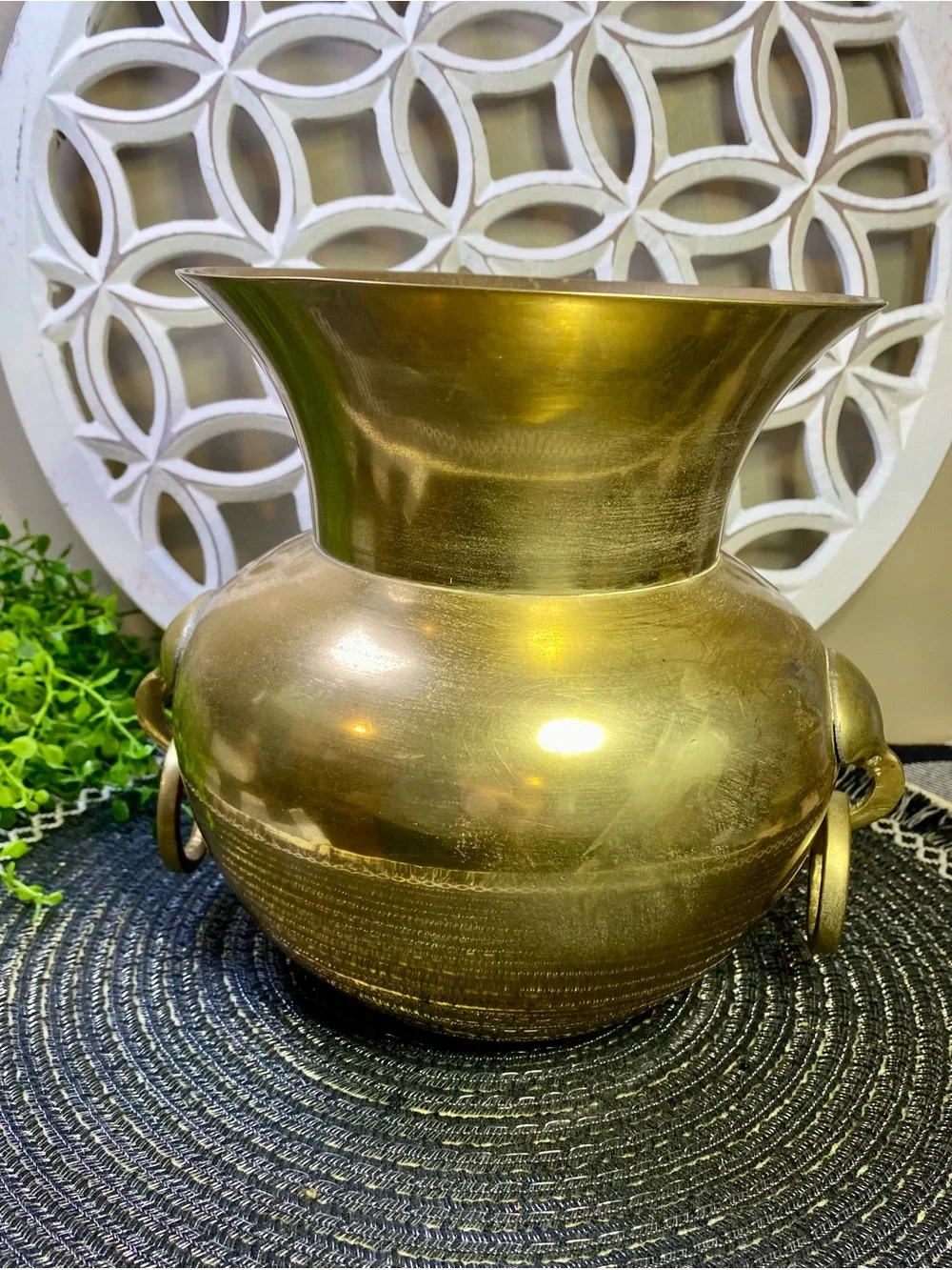 Vintage Brass  Spittoon With Decorative Ring Handles